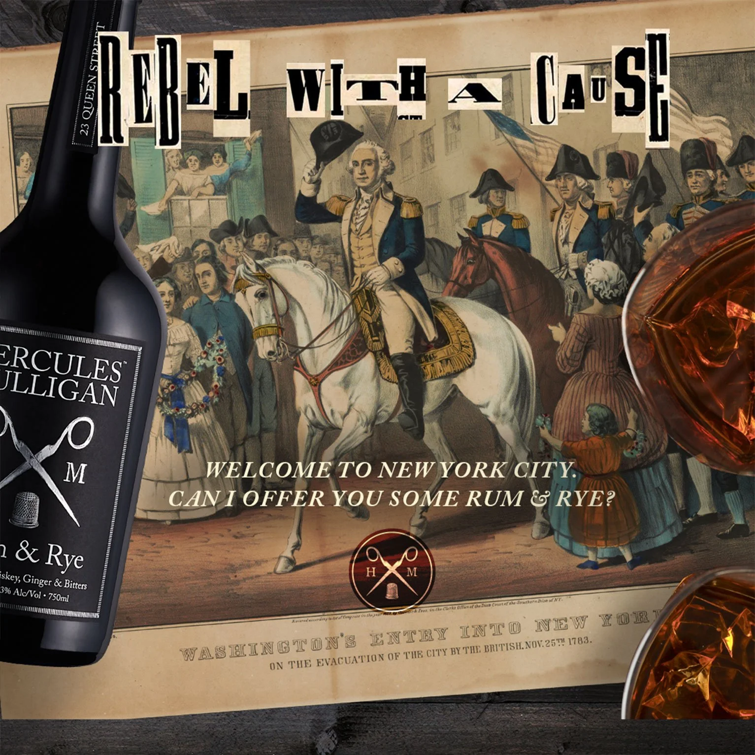 Vintage illustration of a Revolutionary War scene with a woman passing out rum and rye, and a poster that says 'Rebel with a Cause!' with a bottle of Hercules Gilligan dark rum in the foreground.