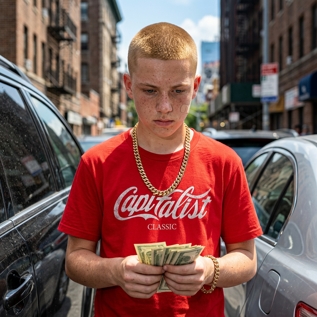 A young man with a short blond haircut, wearing a red t-shirt with 'Capitalist Classic' written on it, holding dollar bills, standing between parked cars on a city street.