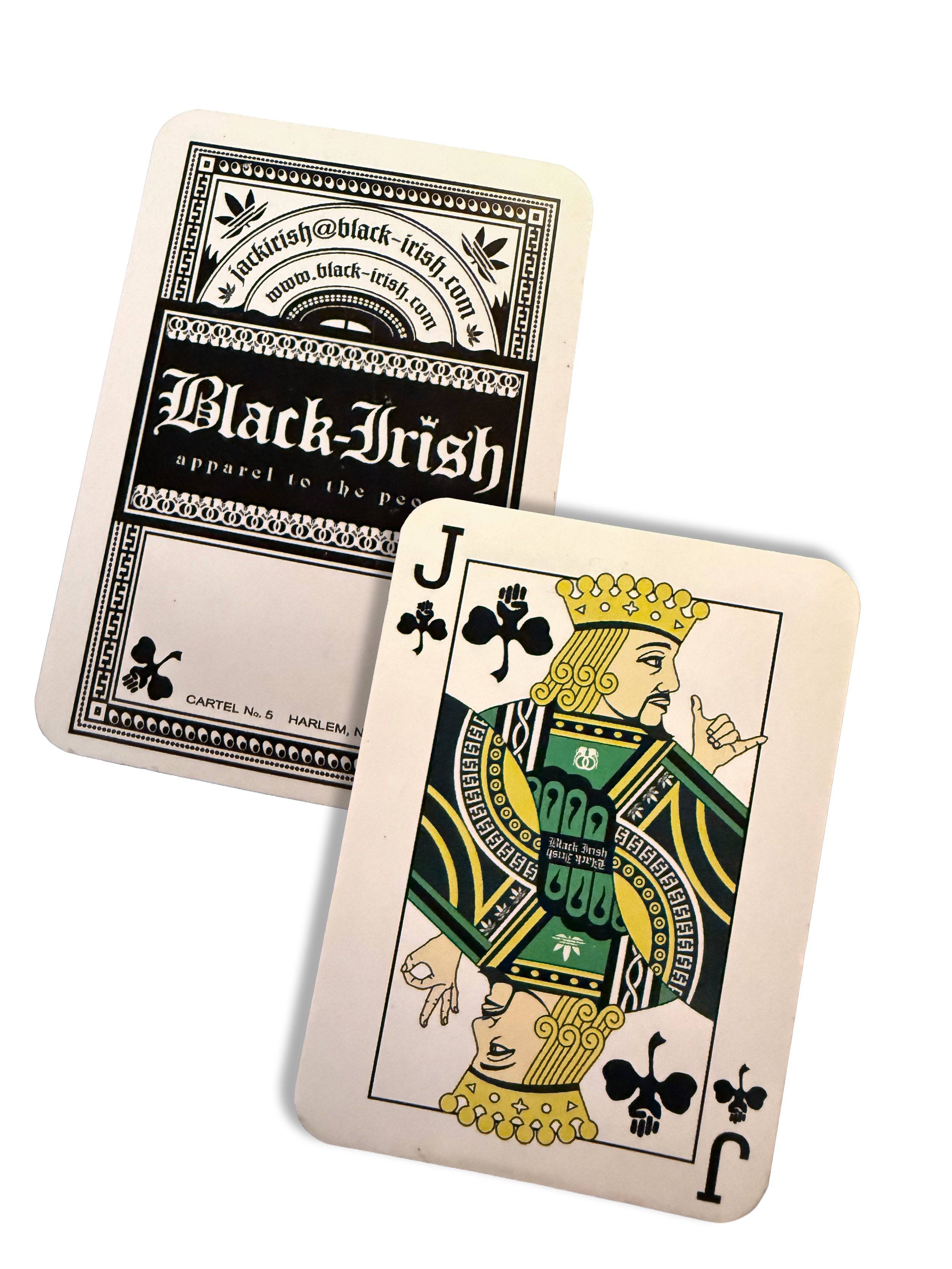 Close-up of two playing cards, the Jack of Clubs and the Queen of Clubs, with the Queen showing her face and hand gesture, on a black background.