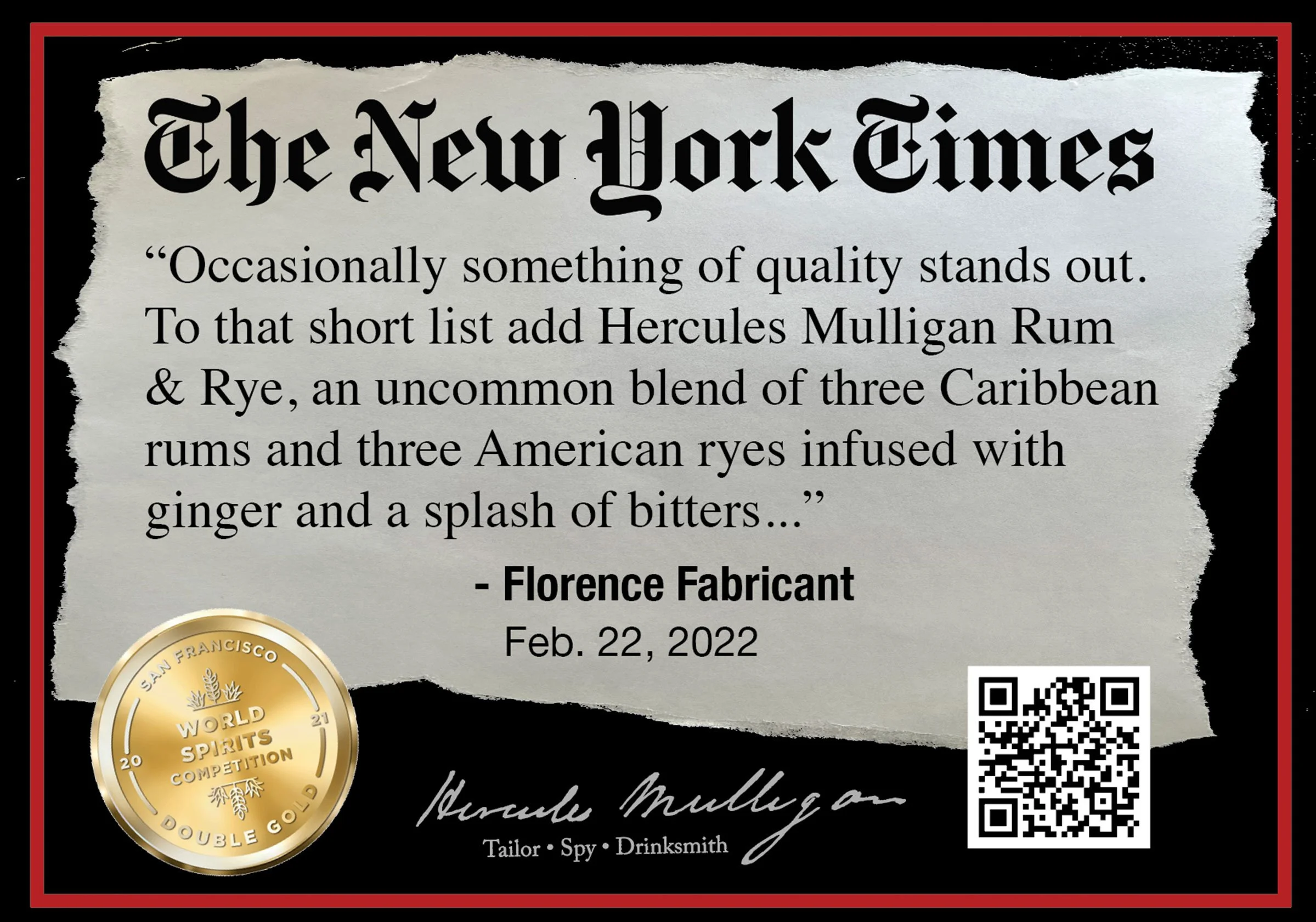 A torn paper background with the text 'The New York Times' at the top, a quote about quality and a blend of rums and American ryes in the middle, a gold