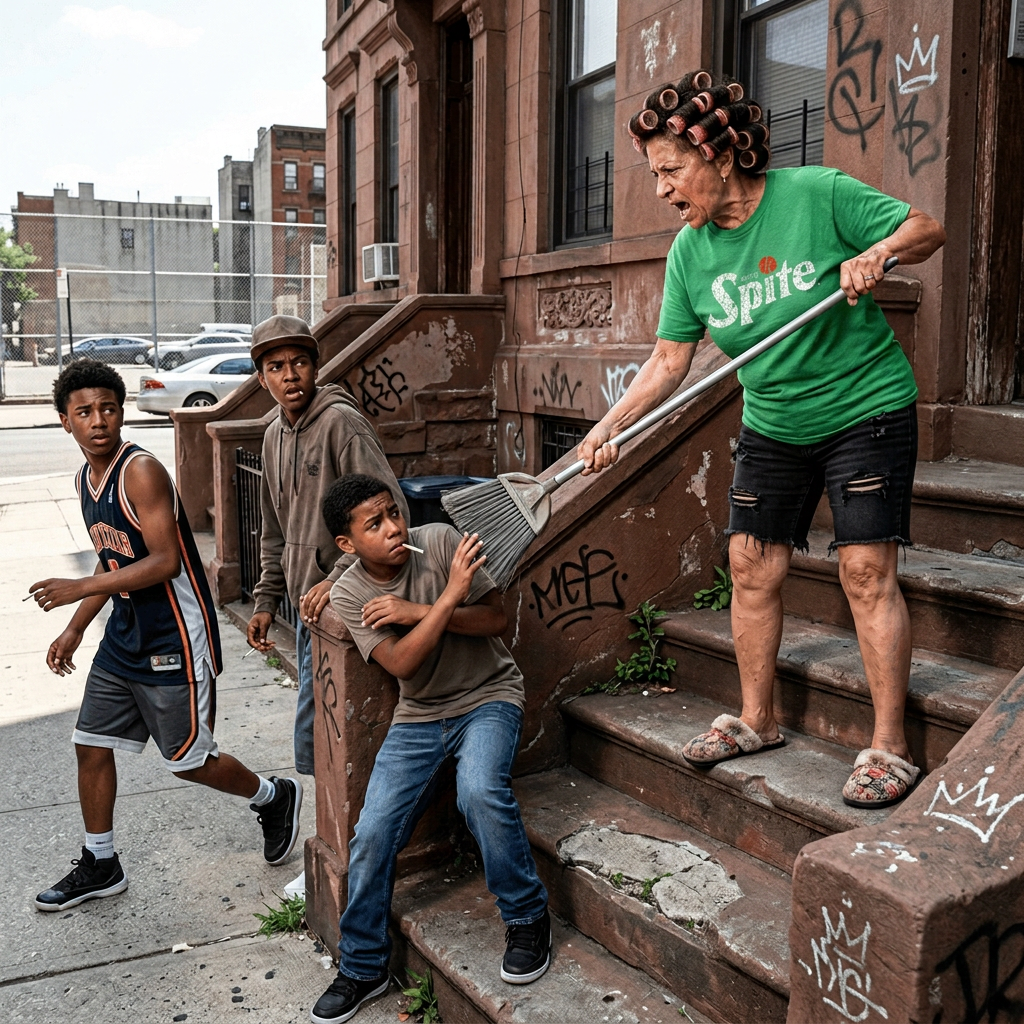 A woman with hair rollers and casual clothes pries a cigarette out of the mouth of a boy sitting on stoop stairs, while three other boys watch attentively in an urban neighborhood with graffiti on the building.