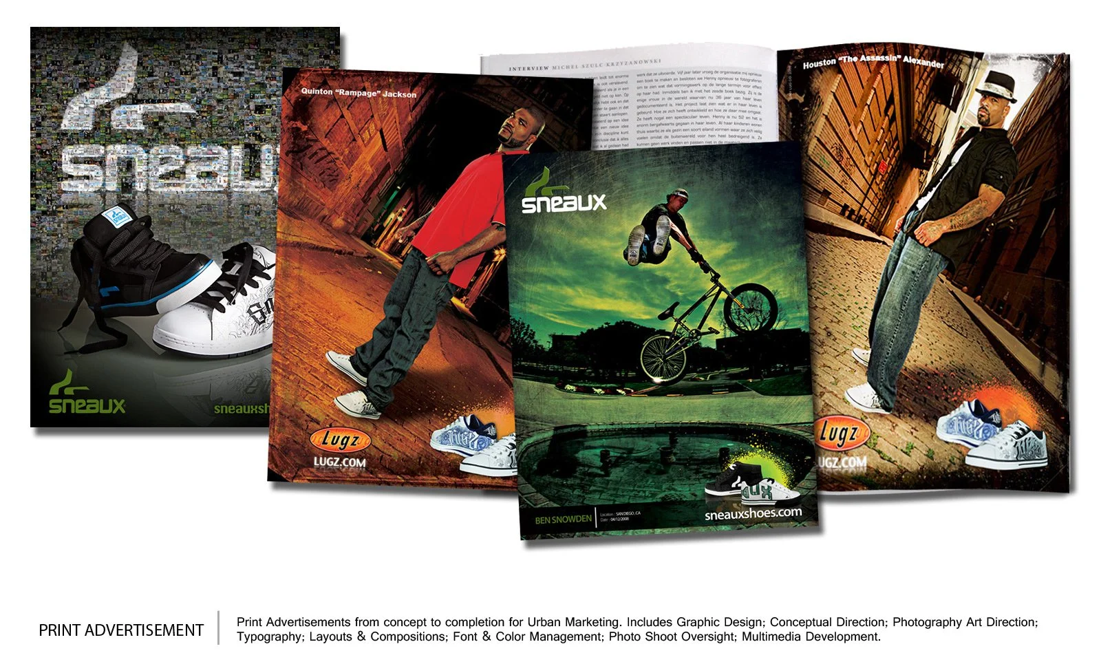 A series of four urban-themed sneaker advertisements featuring models and stylized backgrounds, with the Sneaux and Lugz logos, showcasing different sneakers.