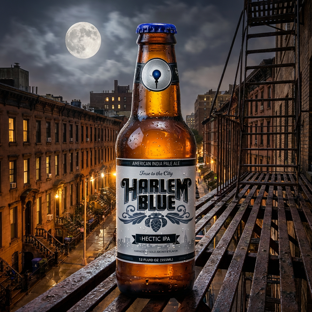 A bottle of Harlem Blue Hectic IPA beer on a metal fire escape balcony at night with a full moon and lit buildings in the background.