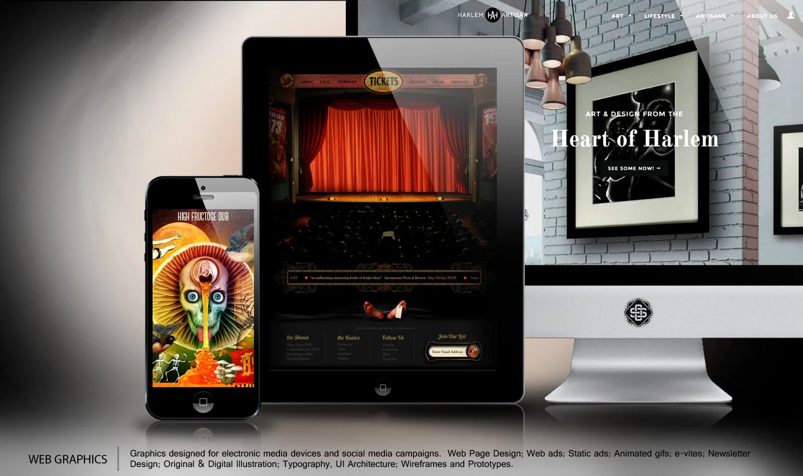 Display of digital media devices showcasing theatrical and art event graphics, including a smartphone with animated artwork, a tablet with a theater stage, and a computer monitor with framed art referencing Harlem art and culture.