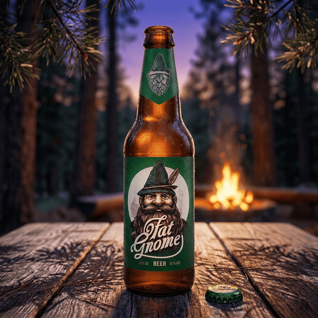 A bottle of Fat Gnome beer with a gnome illustration on the label, placed on a wooden table outdoors near a campfire at dusk, with pine tree branches in the foreground.