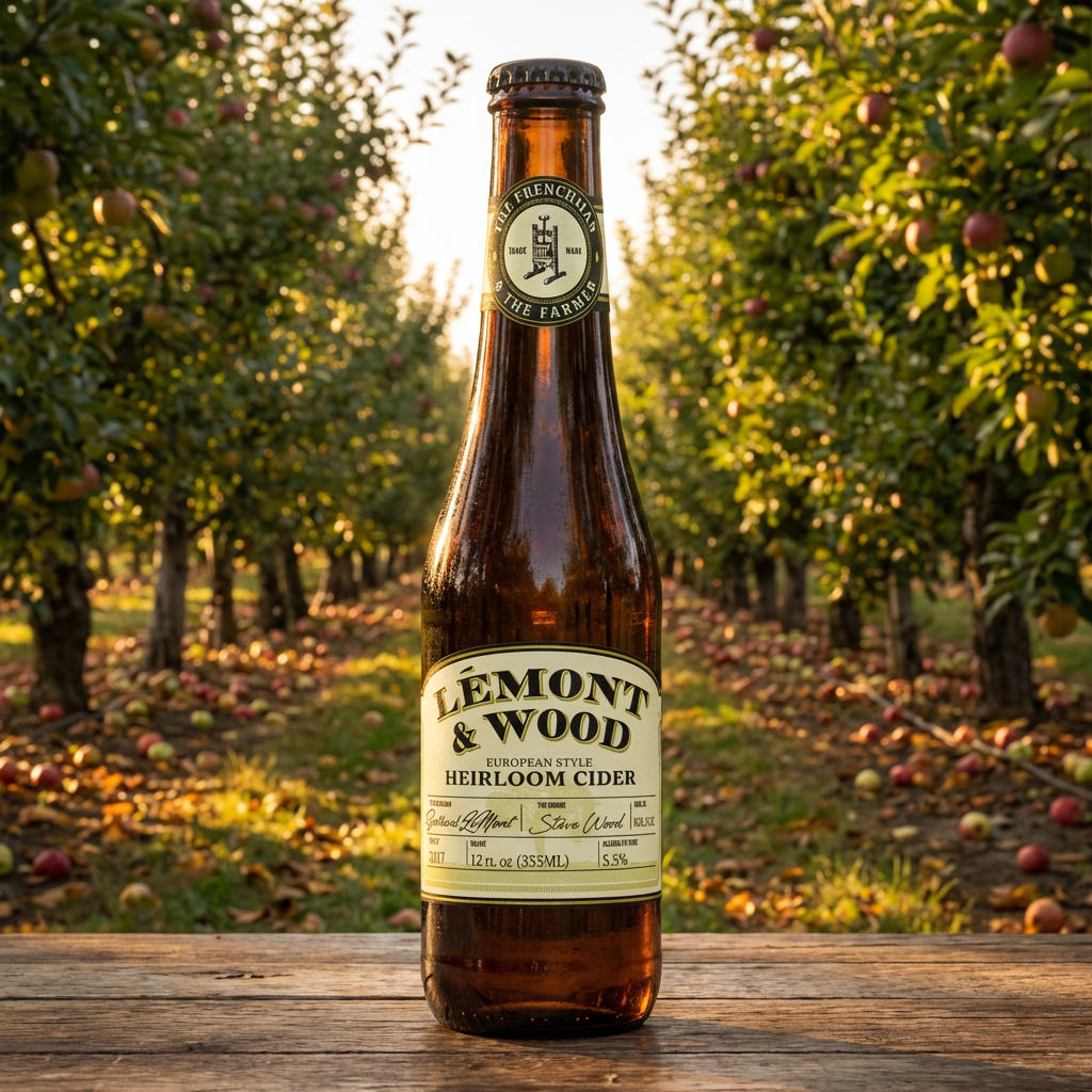 A bottle of Lemont & Wood European Style Heirloom Cider placed on a wooden surface with an apple orchard in the background during sunset.