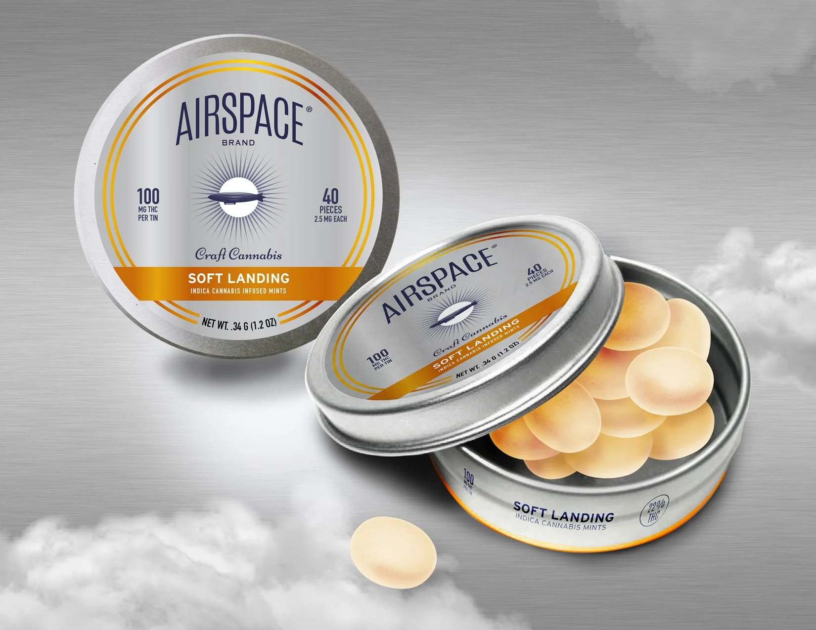 Two tins of Airspace brand craft cannabis flavored mints, labeled 'Soft Landing' with 100 mg THC per tin and 40 pieces per container. One tin is closed, and the other is open, showing round, pale yellow mints inside.
