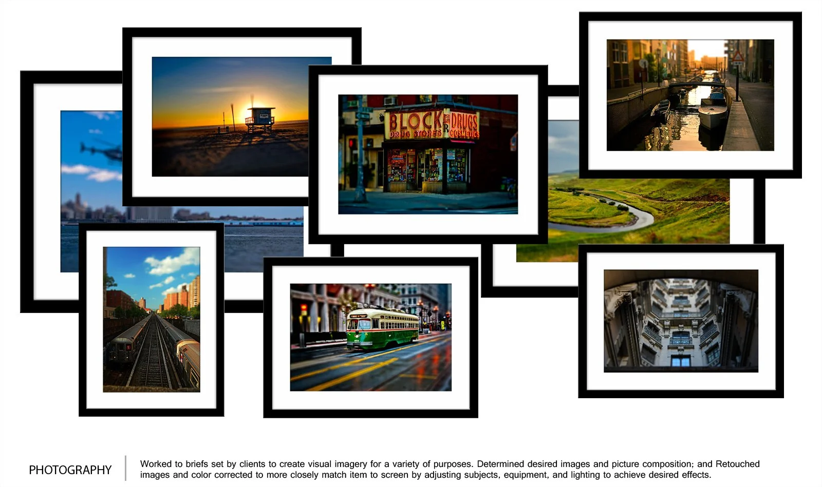 A collage of various city and landscape photographs, including a sunset at the beach, a drug store, a canal with boats, a green tram, a city skyline with high-rise buildings, a railway with trains, a view of an interior courtyard of a building, and a winding rural road.