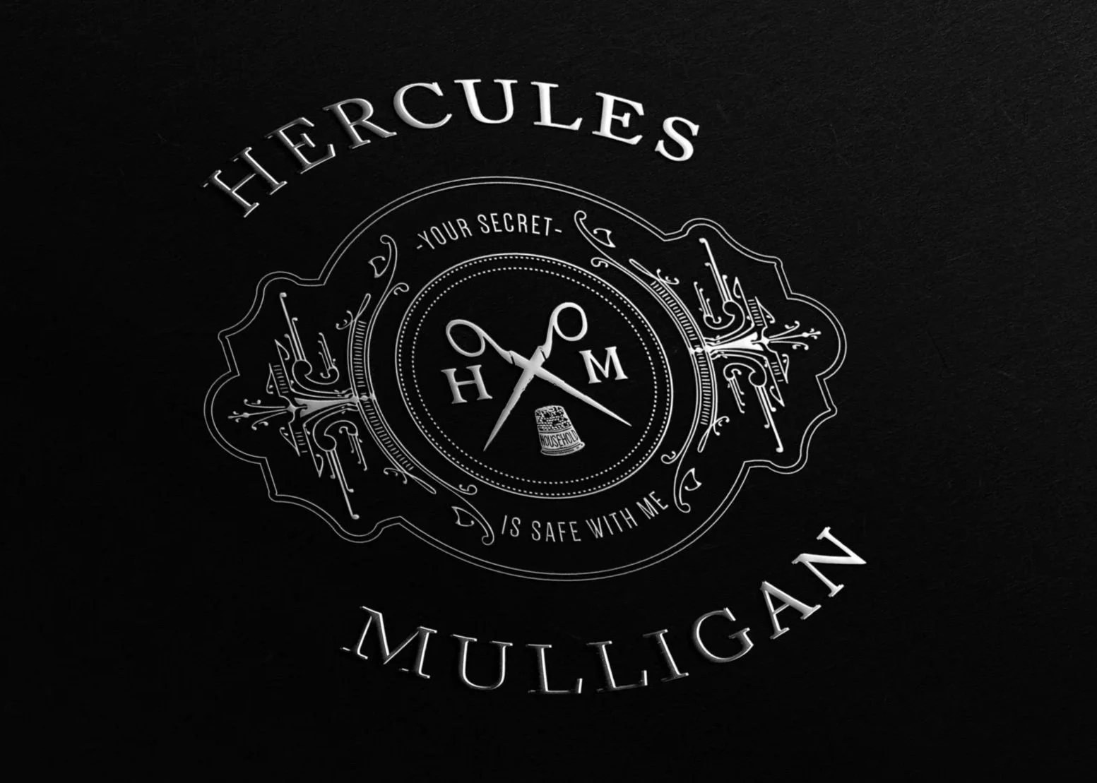 A black and white logo for Hercules Mulligan featuring a pair of scissors, a sewing needle, and a thimble, with the text "Hercules M" in the center, and phrases "Your Secret" and "Is Safe With Me" around the design.