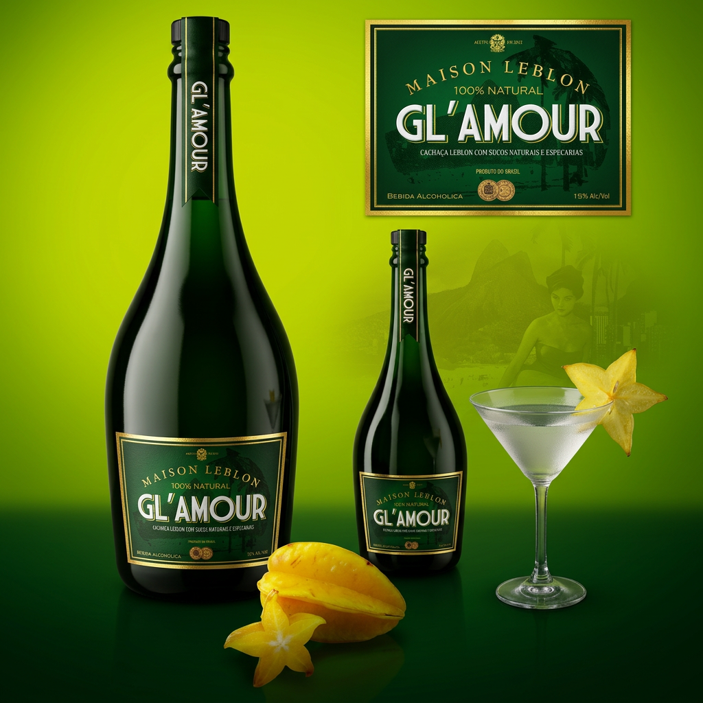 A green background with two bottles of Brazilian alcoholic beverage GL'AMOUR, a martini glass garnished with starfruit, a starfruit, and a sign displaying the product name and details.