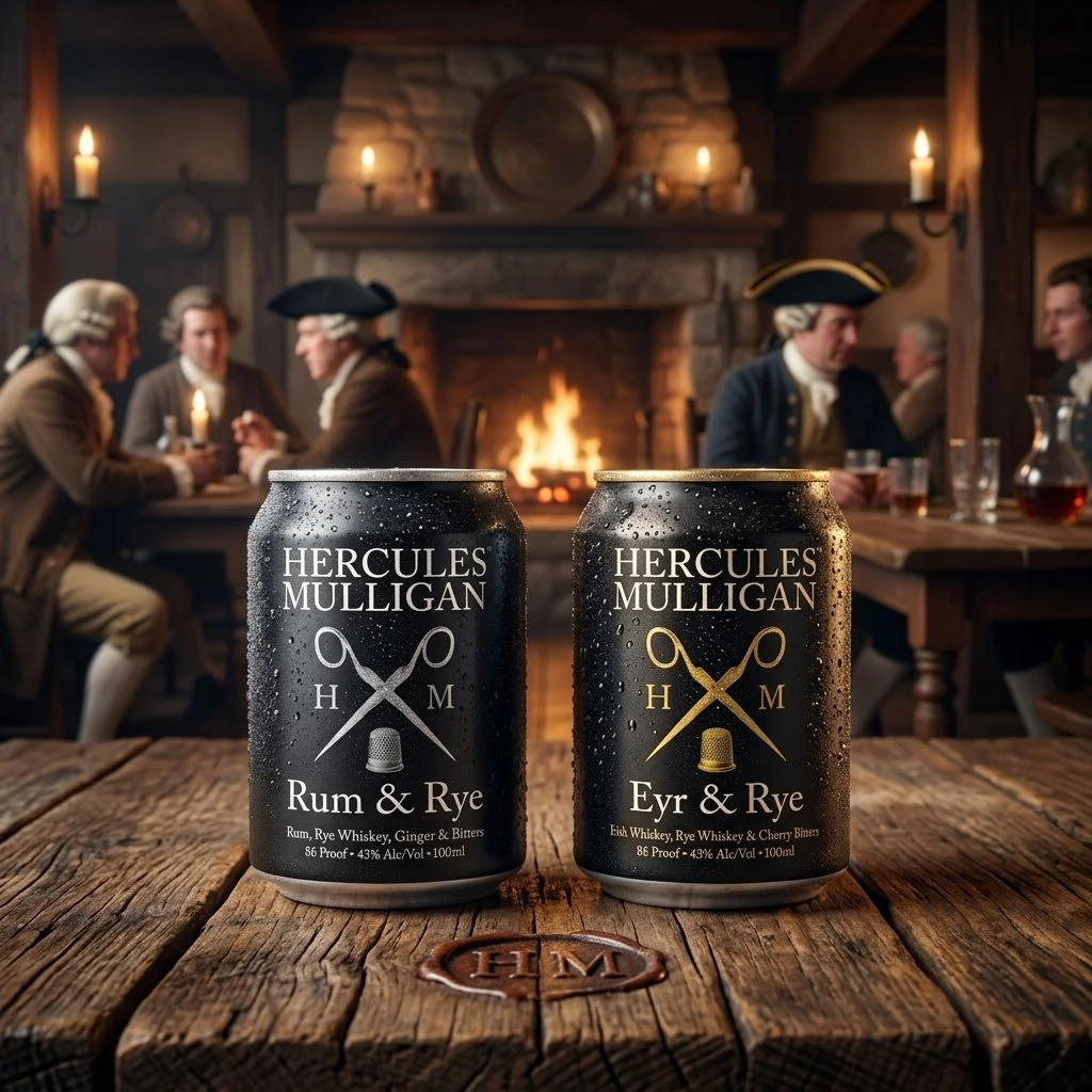 Two cans of Hercules Mulligan Rum & Rye whiskey with a historical tavern scene in the background, featuring a fireplace and men dressed in 18th-century attire