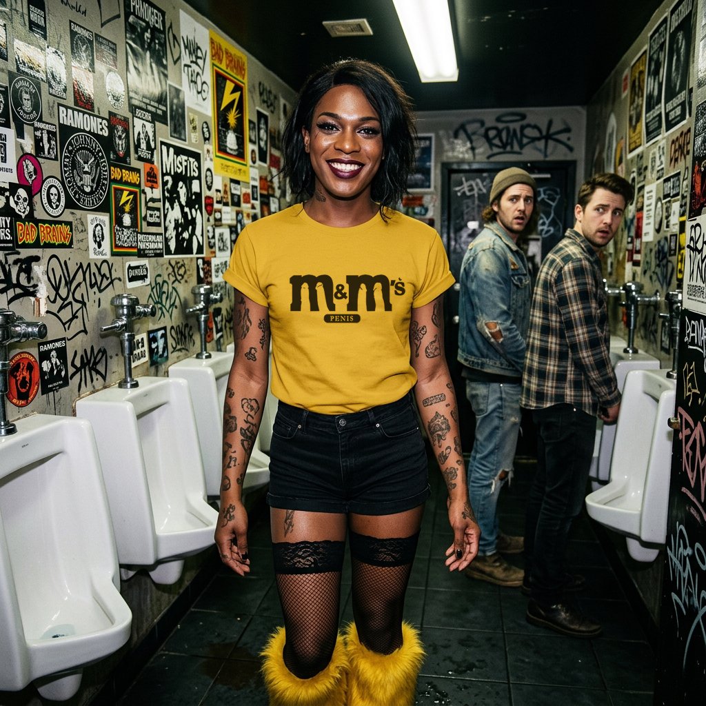 A woman with tattoos on her arms, wearing a yellow t-shirt with 'm&m's' written on it, black shorts, fishnet stockings with lace tops, and yellow furry boots, standing in a graffiti-covered bathroom with urinals, smiling at the camera. Two men are in the background near the graffiti-covered walls.
