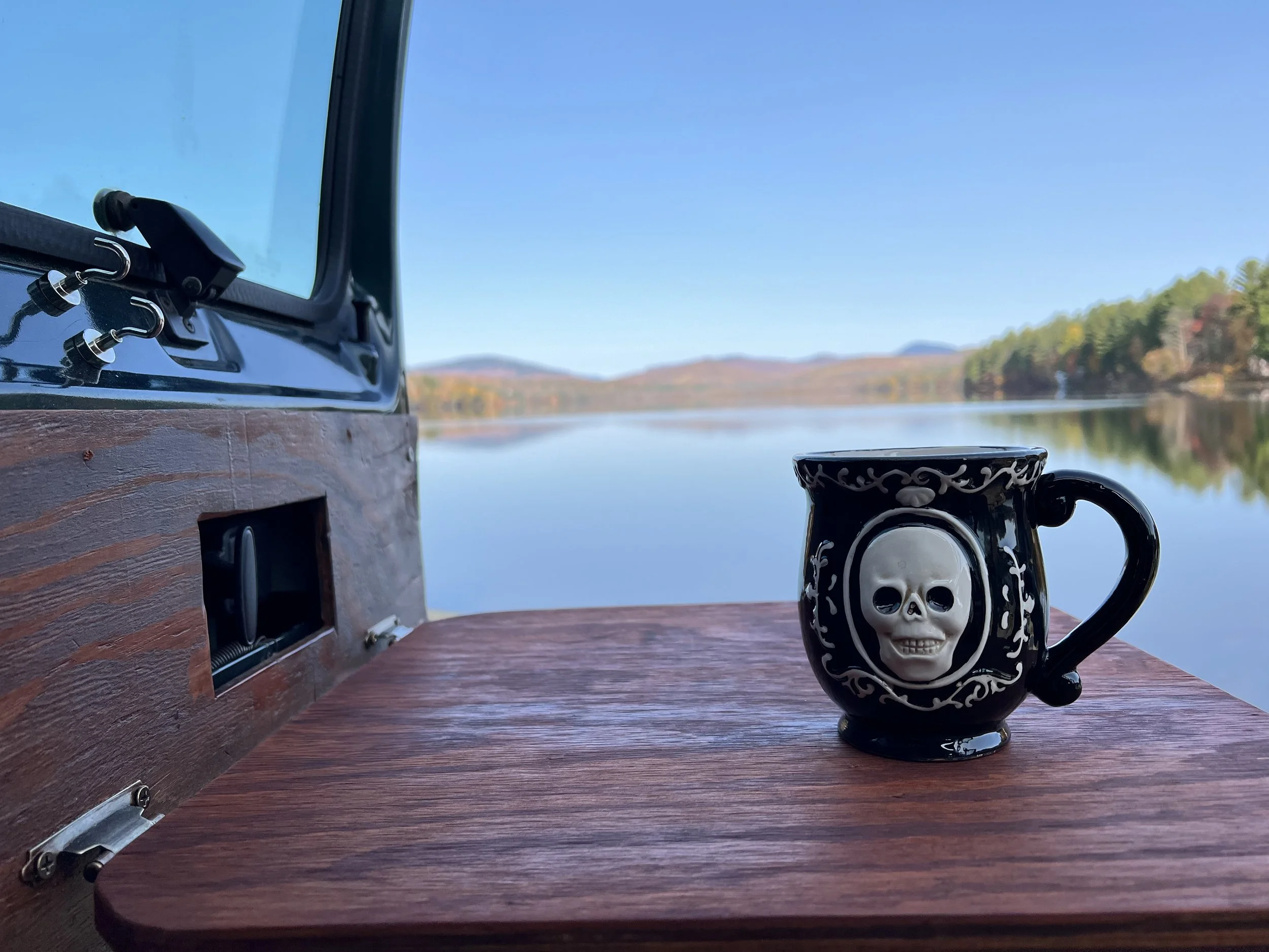 A black mug with a skull design sitting on a wooden surface near a vintage radio, with a lake and trees in the background under a clear blue sky.