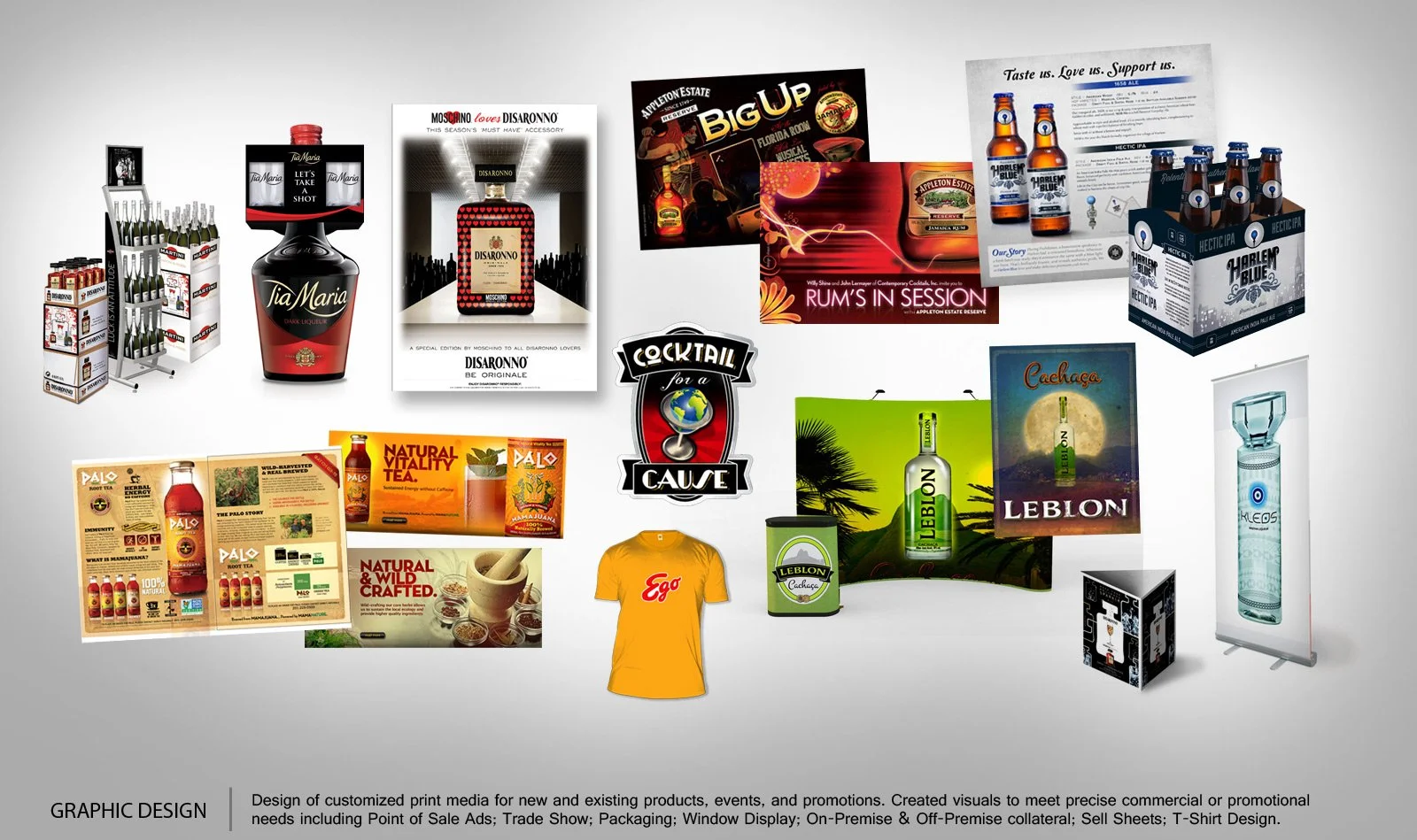 Collection of beverage bottles, cans, and promotional materials, including beer, liquor, tea, and a water bottle, with promotional posters, T-shirt, and display signs for cocktail, rum, and alcoholic drinks.