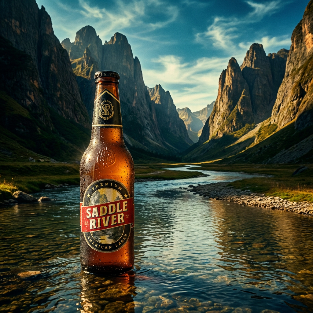 A bottle of Saddle River beer standing in a river with mountains and a cloudy sky in the background.