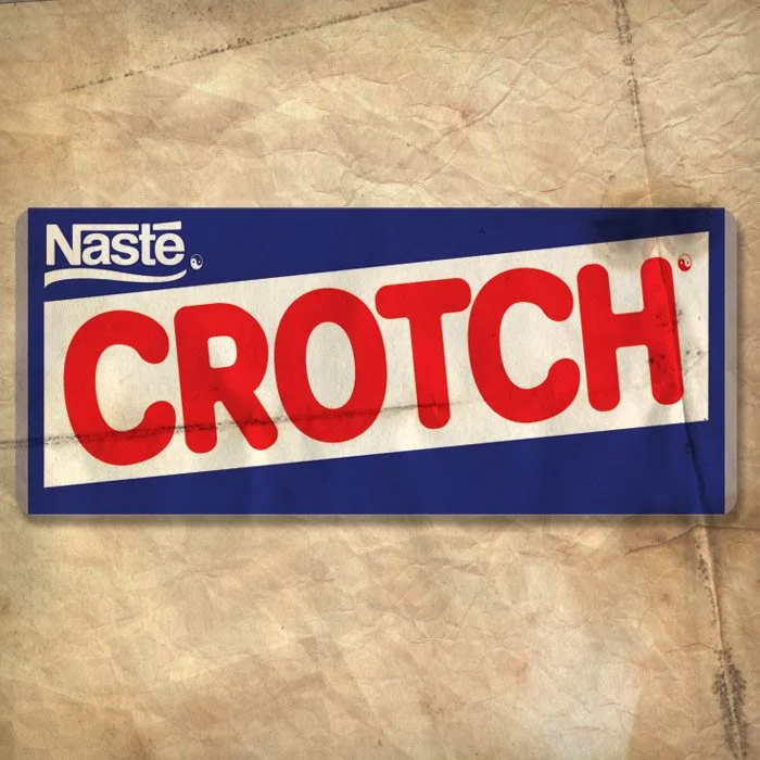 A humorous sticker resembling a snack or product label that reads 'Naste CROTCH' with a blue background and red text on a light-colored surface.