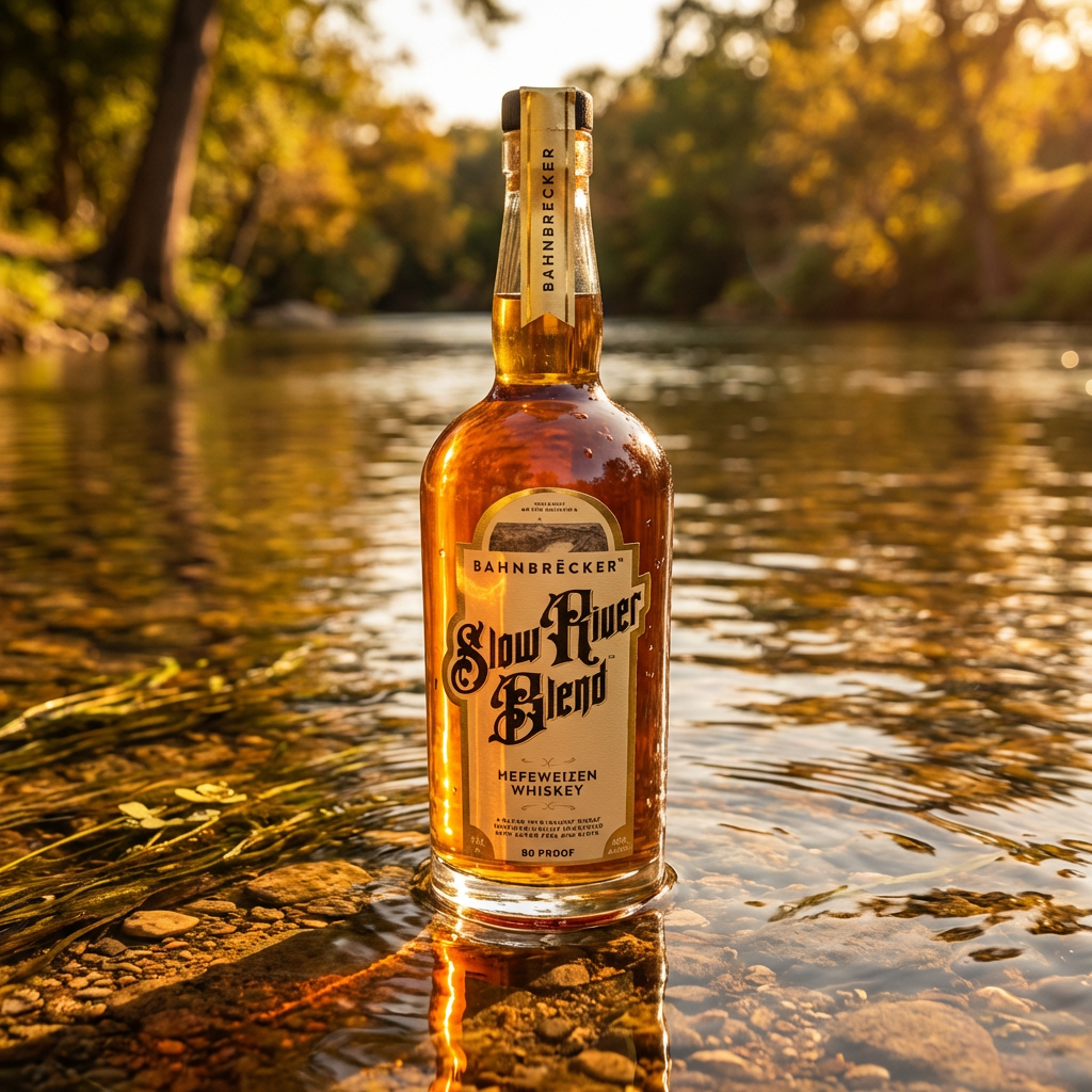 A bottle of Bahnbräcker Slow River Blend Mefeweizen Whiskey set in a shallow river during sunset with trees and foliage in the background.