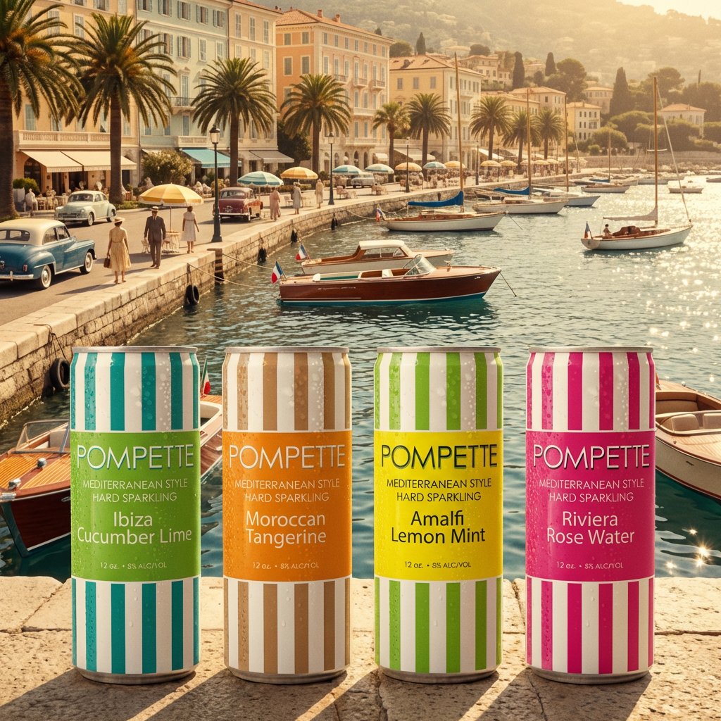 Colorful cans of Pompette sparkling drinks are lined up on a stone surface overlooking a scenic harbor with boats, palm trees, and pastel-colored buildings in the background.