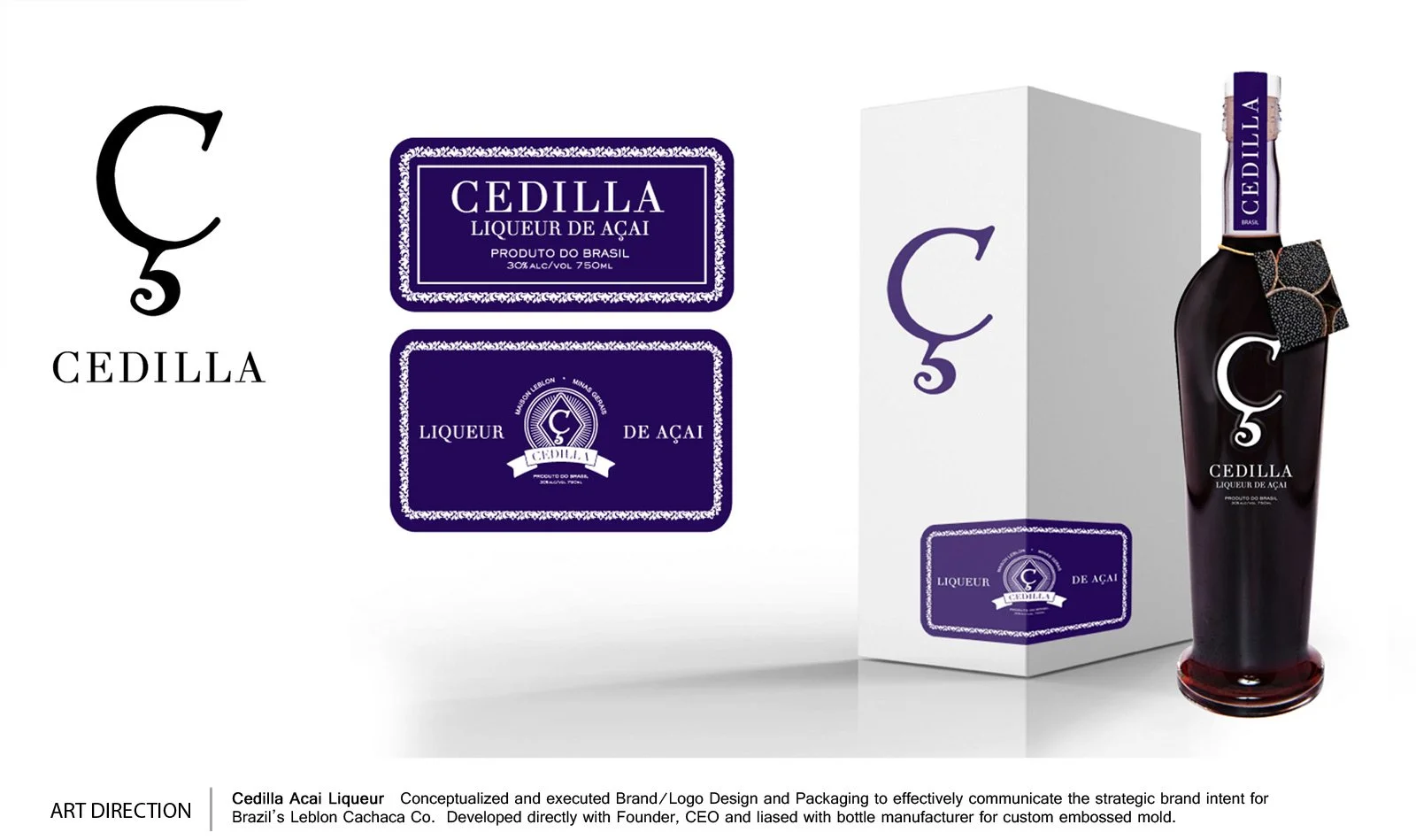 Packaging design for Cedilla Açaí liqueur, featuring a bottle with black liquid and purple label, a white box with purple branding, and close-up of the logo with a stylized 'C' and a hook, accompanied by branding labels in Portuguese and English.