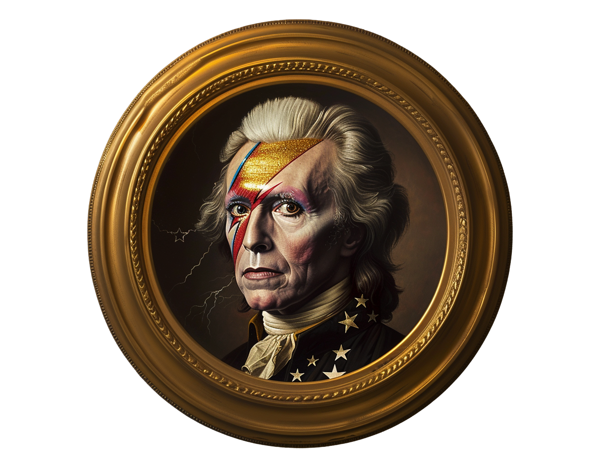 A framed poster of George Washington Stardust with his face painted in a lightning bolt makeup, wearing a starry-patterned jacket.