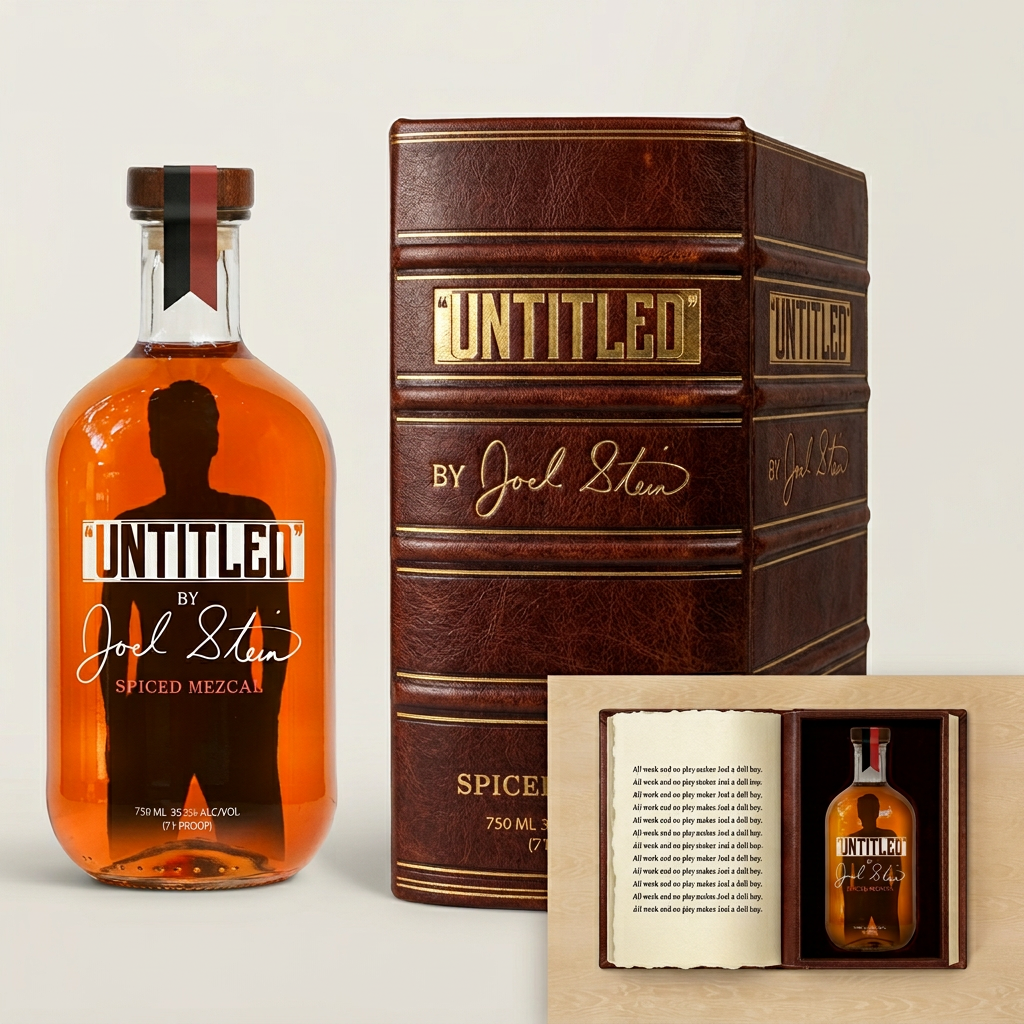 A bottle of UNTITLED by Joel Stein Spiced Mezcal, alongside its presentation box and a wooden case with a booklet.