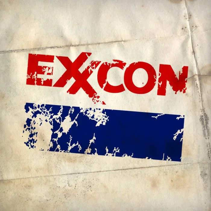 A worn piece of paper with a red and blue design, displaying the word 'EXCON' in red with a distressed font, and a blue rectangular section below with a similar distressed texture.