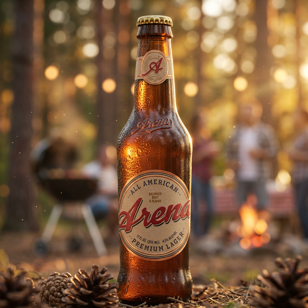 A bottle of Arena beer outdoors in a forested area during sunset, with a group of people and a barbecue grill in the blurry background.
