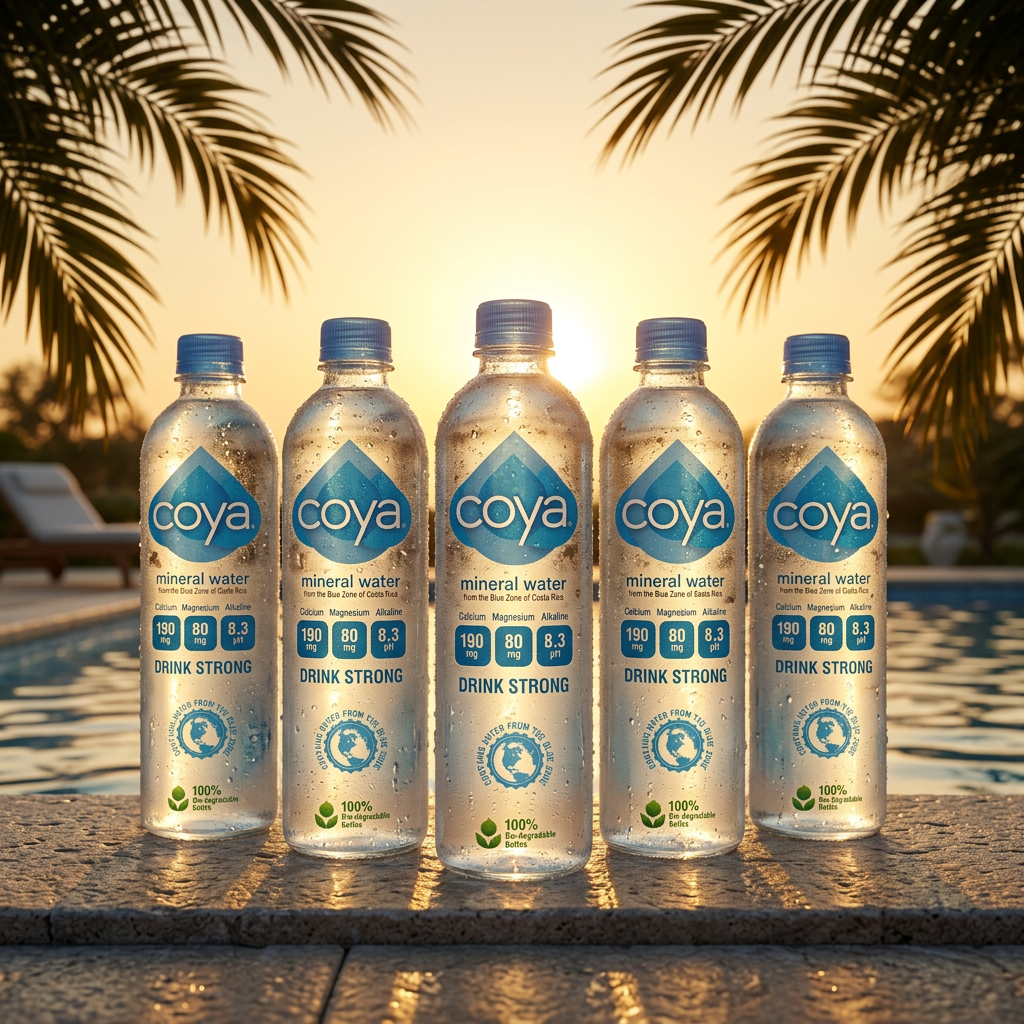 Five bottles of Coya mineral water lined up at sunset beside a pool, with palm trees in the background.