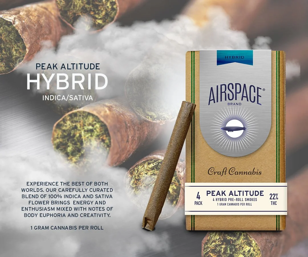 Package of Airspace Hybrid Craft Cannabis with peak altitude flavor, containing four pre-rolls with 1 gram per roll, THC content 22%, and featuring indica/sativa hybrid strain. Background shows cannabis plant stems and smoke.