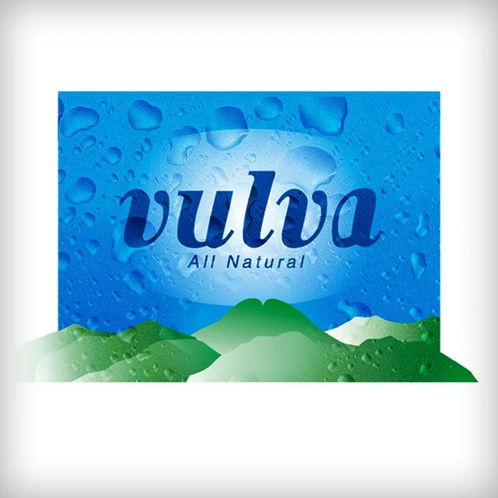 Packaging of a water brand named Vulva with a blue background, water droplets, and green mountains at the bottom.