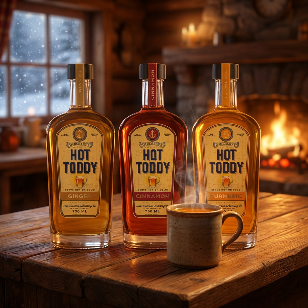 Three bottles of Hot Toddy syrup labeled ginger, cinnamon, and turmeric on a wooden table in a cozy cabin with a fireplace and snowy window in the background, and a steaming mug of hot tea or whiskey in front of the bottles.
