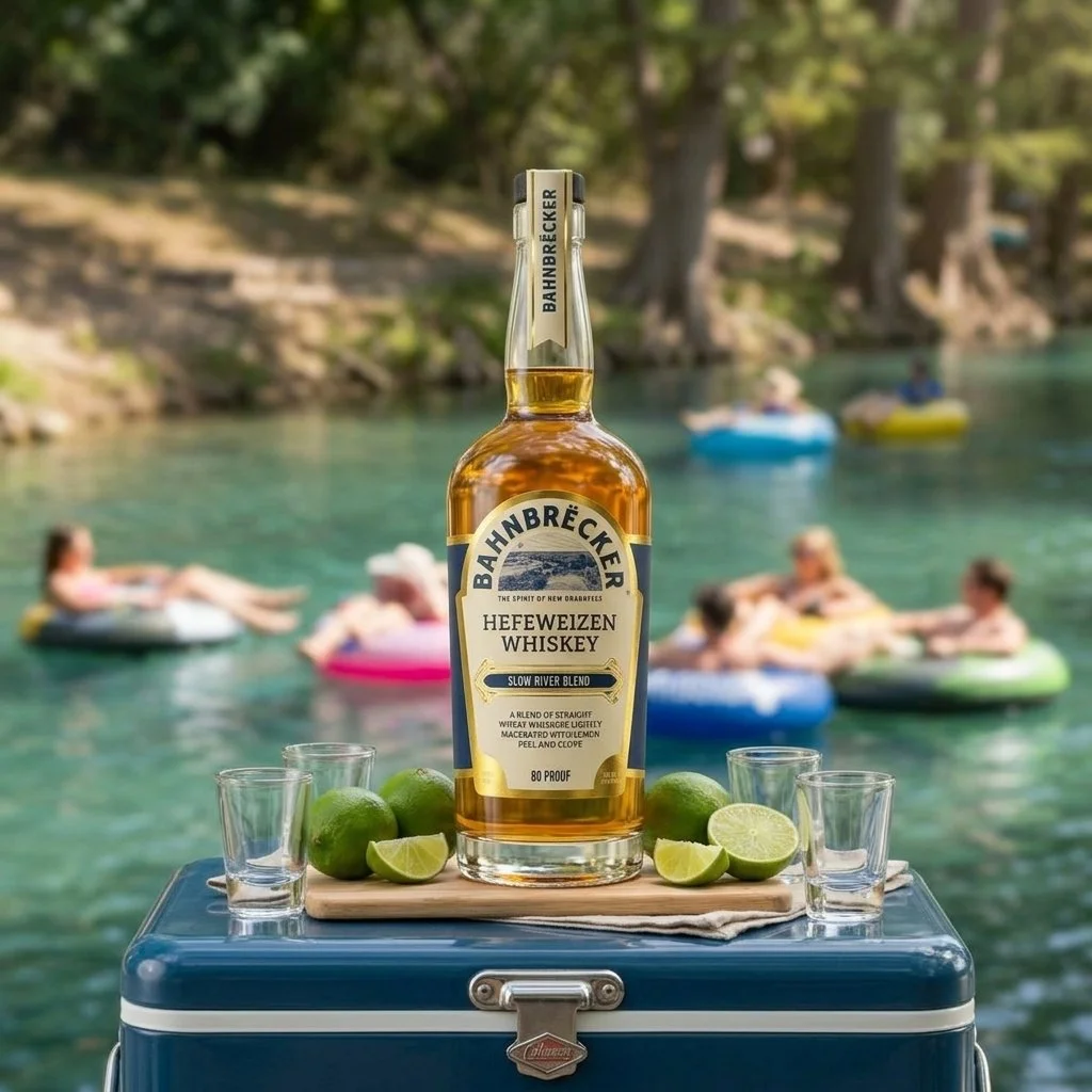 A bottle of Bahnbrecker Hefeweizen Whiskey with limes and shot glasses on a cooler, set against a river scene with people floating on inner tubes and boats in the background.