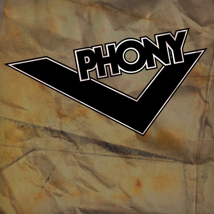 A black and white sticker with the word "PHONY" placed over stylized check marks on a crinkled, beige paper background.