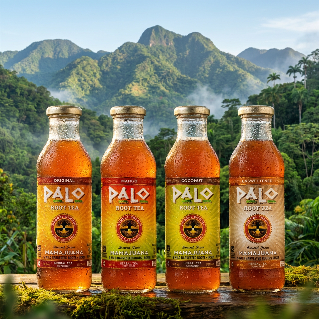 Four bottles of Palo Root Tea herbal tea flavored drinks with mountain and lush green forest background, droplets of condensation on bottles, labels indicating flavors: Original, Mango, Coconut, Unsweetened.