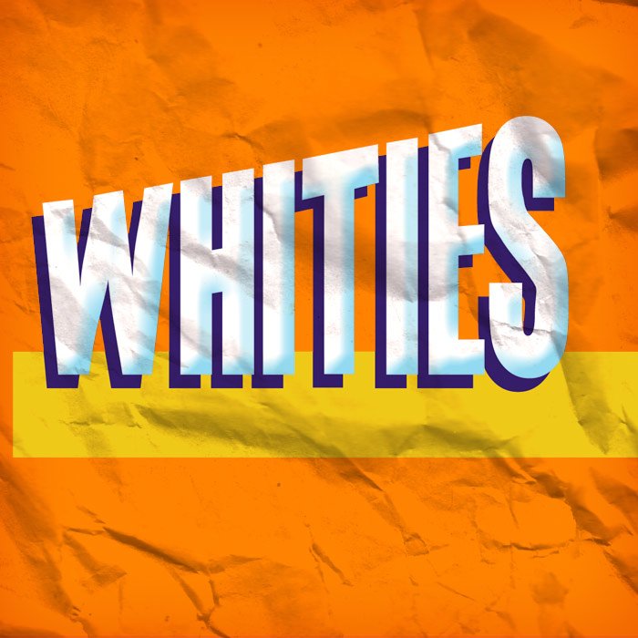 Colorful crumpled paper background with the word "WHITIES" in large, bold, white letters with a purple shadow.