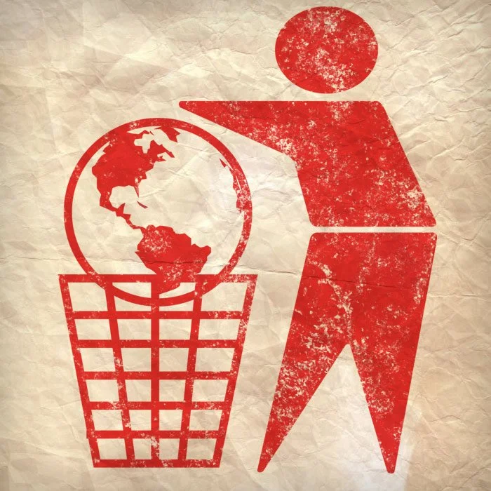 A red graphic of a person throwing a globe into a trash bin, symbolizing environmental cleanup or waste disposal.