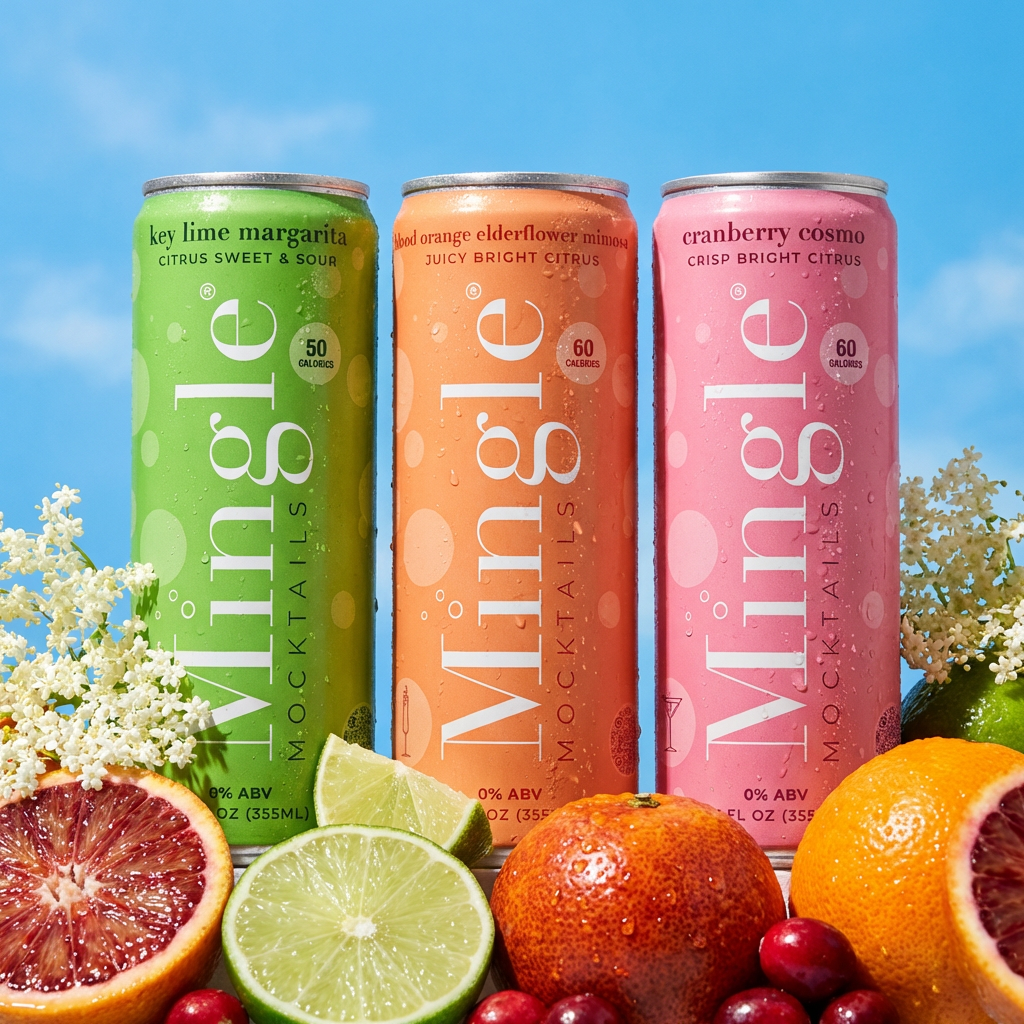 Three colorful cans of  MINGLE mocktail drinks with various citrus fruits and berries in front, set against a blue sky background.
