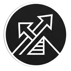 Black circular icon with three upward arrows, a ladder, and upward trend lines, indicating growth or progress.