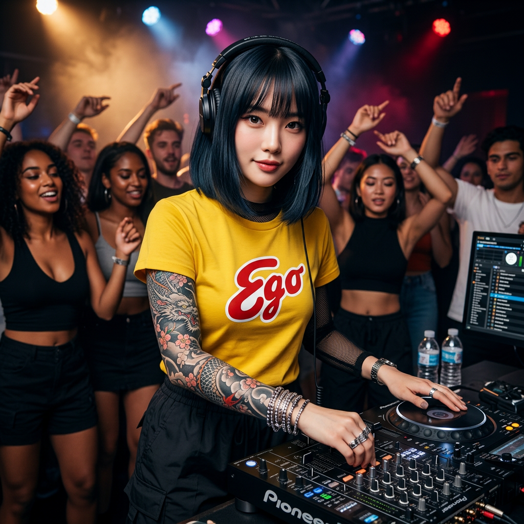 A female DJ with tattoos and wearing a yellow 'Ego' t-shirt mixes music at a nightclub, with a diverse crowd dancing and colorful lights in the background.