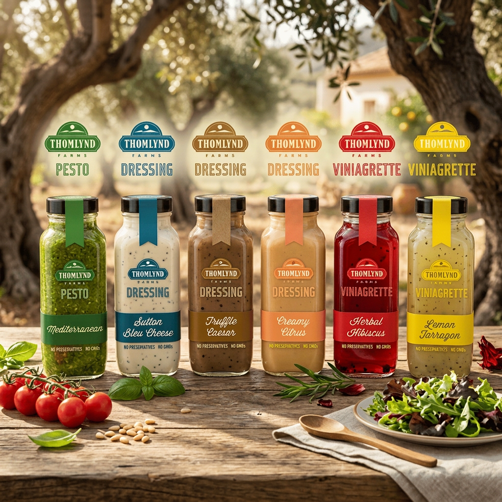 Six jars of salad dressings and condiments arranged on a wooden surface, with fresh tomatoes, basil, and salad greens nearby, set outdoors with trees in the background.