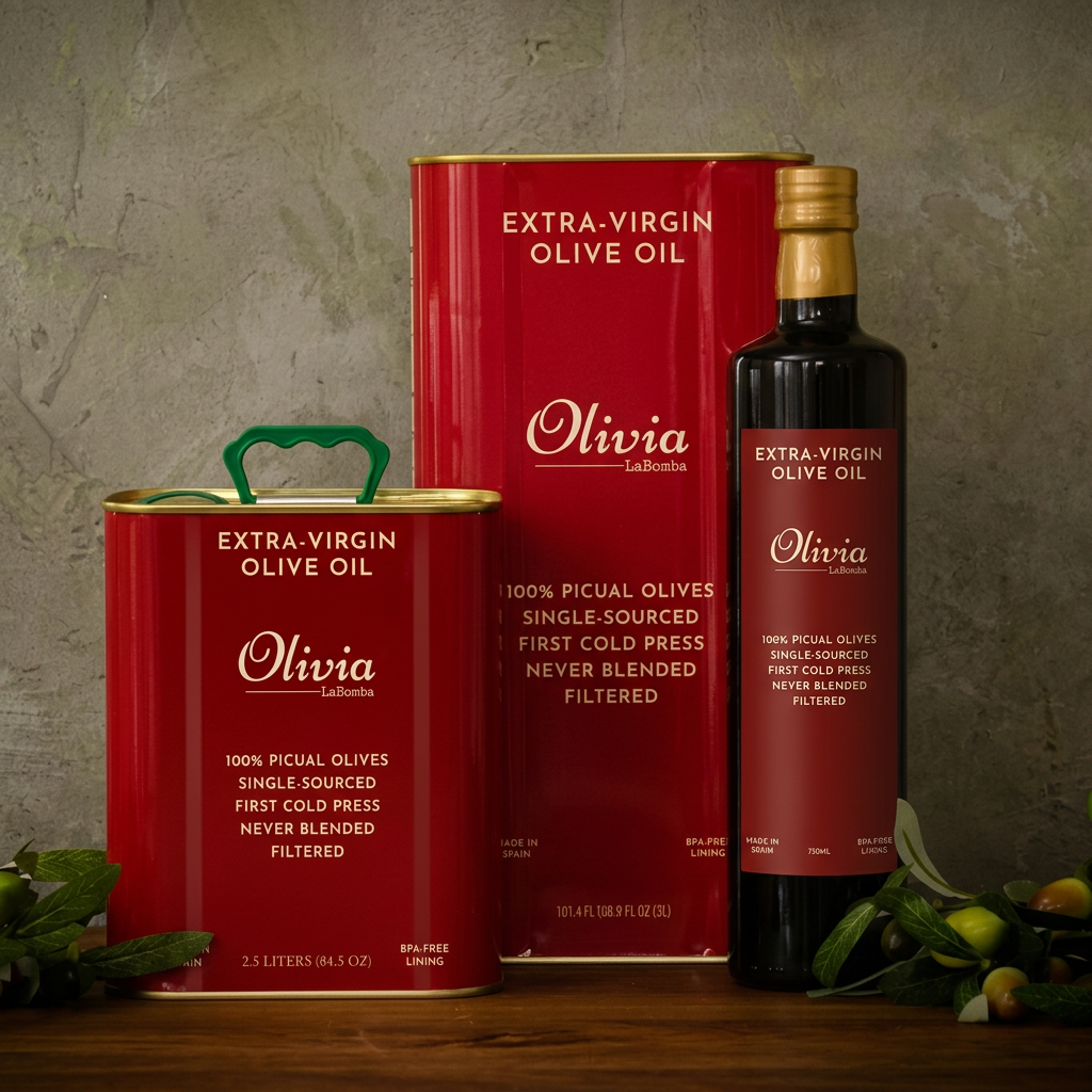 Three containers of Olivia LaBomba extra-virgin olive oil, including a small can with a green handle, a large can, and a tall glass bottle, all with red labels and gold accents, set on a wooden surface with green olives and leaves at the bottom.