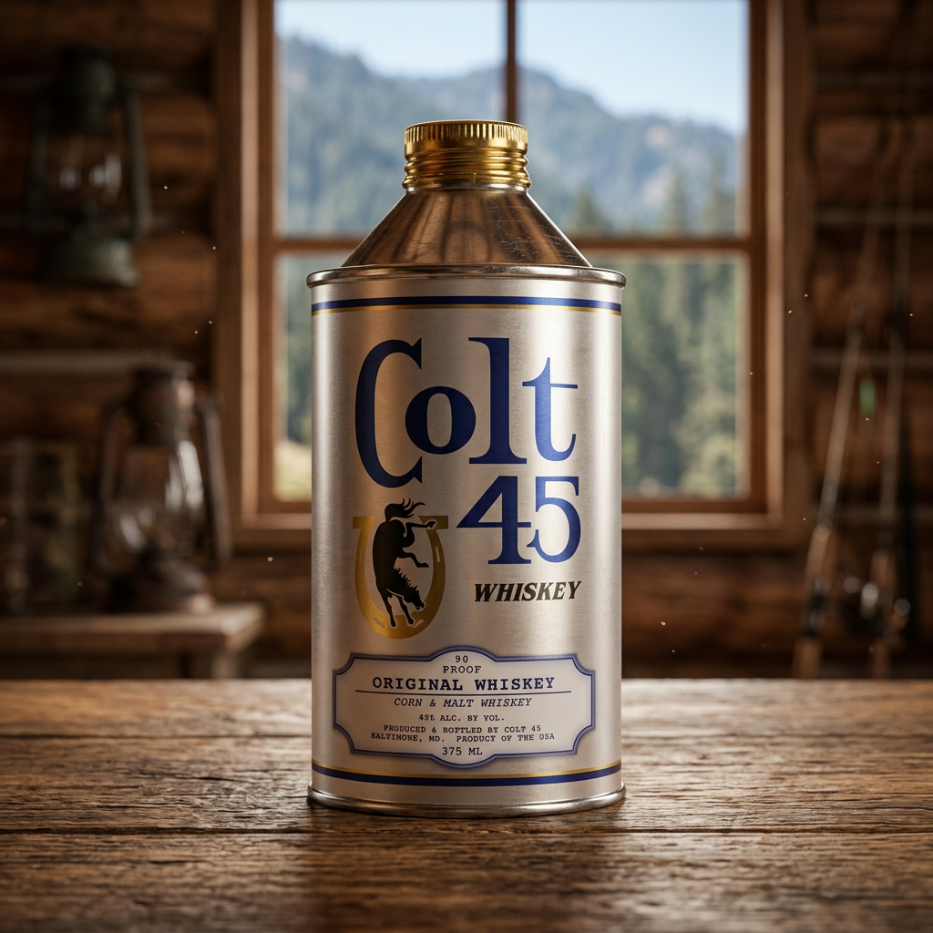 A can of Colt 45 whiskey on a wooden table inside a rustic cabin, with a window showing trees and mountains in the background.