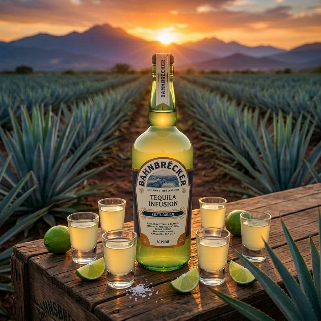 A bottle of Bahnbrecker Tequila Infusion on a wooden table, surrounded by six shot glasses filled with a pale yellow liquid, lime wedges, and whole limes. The table is outdoors in a field of agave plants with mountains and a sunset in the background.