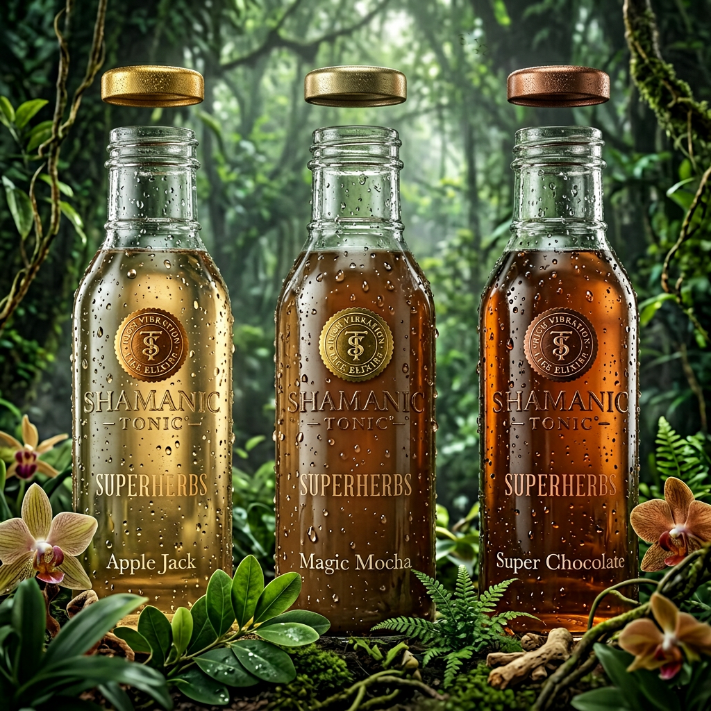 Three bottles of Shamanic Tonic Superherbs flavor drinks with metal caps, one gold, one brass, and one bronze, set in a lush jungle background. The bottles are covered in condensation and surrounded by green plants and flowers.