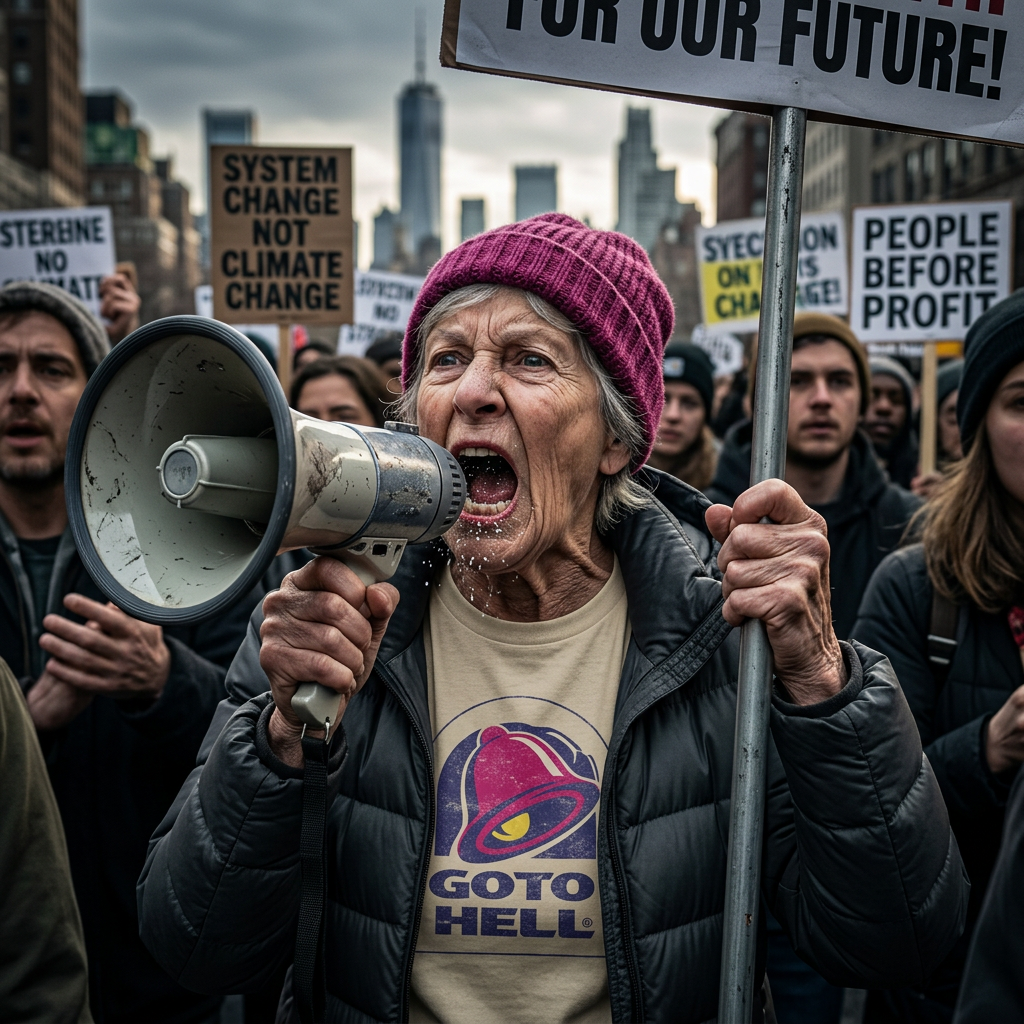 An elderly woman wearing a pink beanie and a black jacket shouts into a megaphone during a protest, surrounded by people holding signs about climate change and social justice in an urban setting.