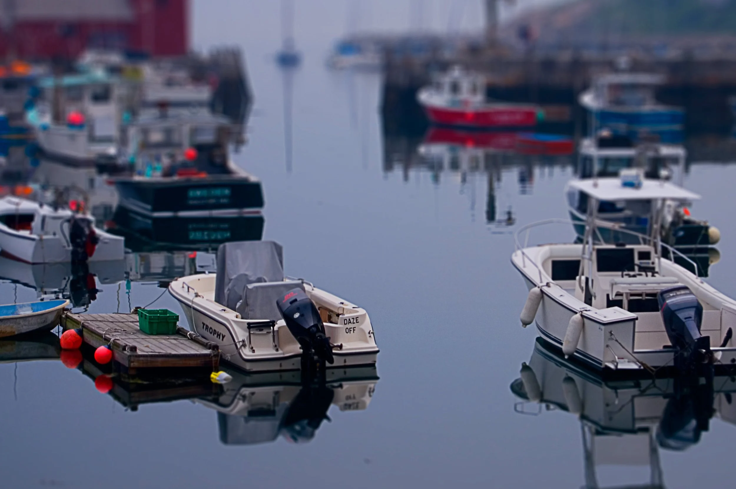 Several boats docked at a marina with their reflections visible in calm water.