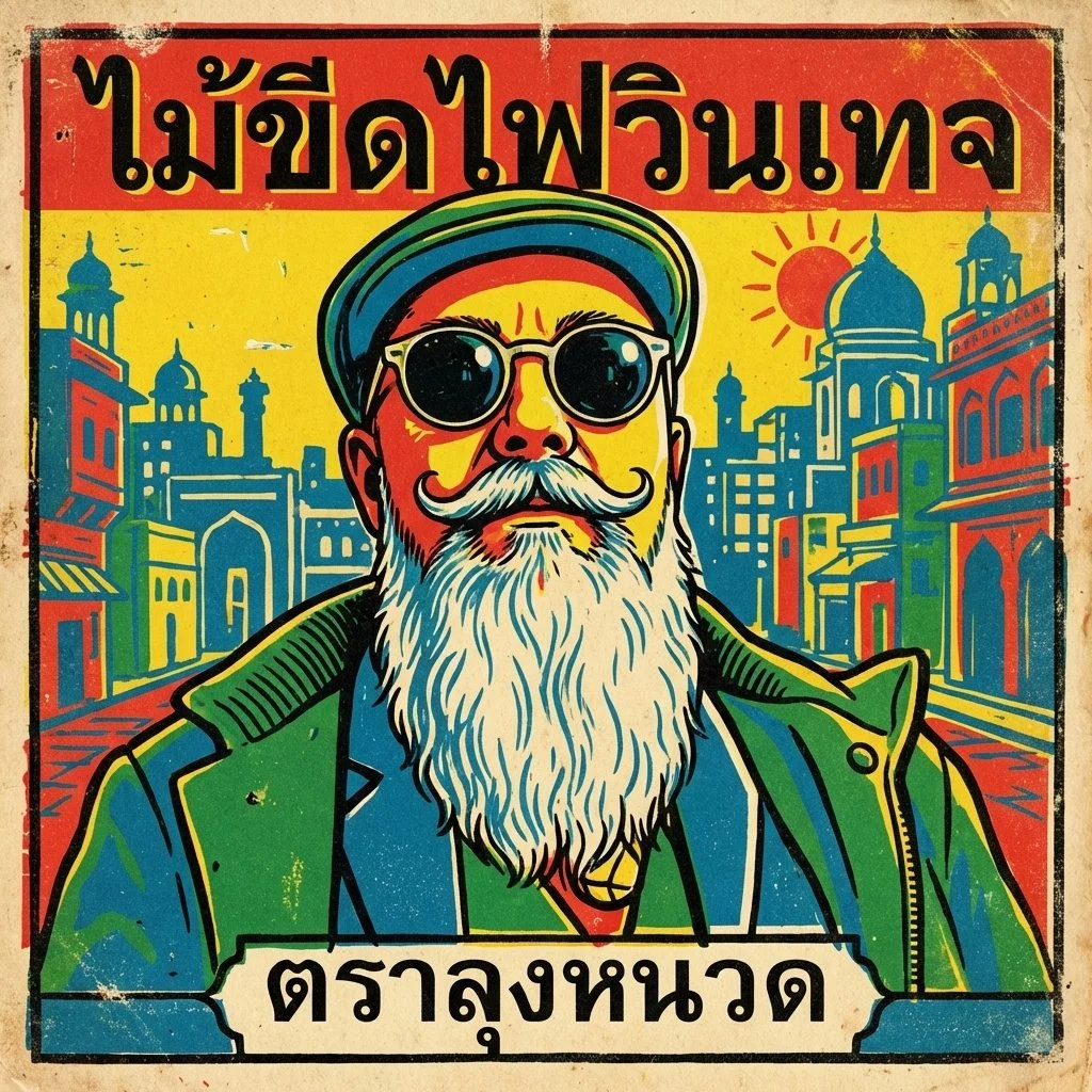Colorful poster of an elderly man with a long white beard, sunglasses, and a cap, set against a cityscape with domed buildings and a sunset. Thai text at the top and bottom of the poster.