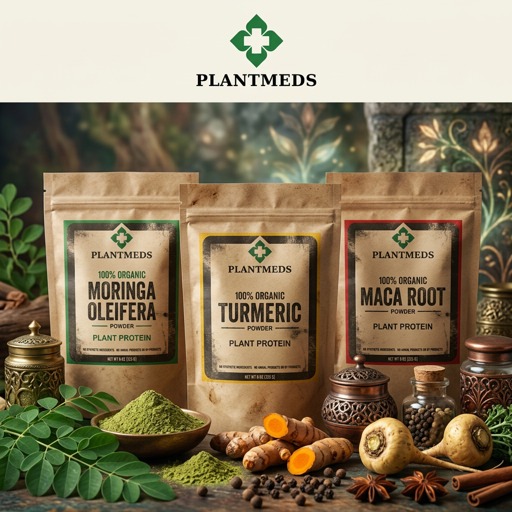 Assorted herbal powders and spices in front of three PlantMedic organic powders: Moringa Oleifera, Turmeric, and Maca Root, with decorative jars and herbs surrounding them.