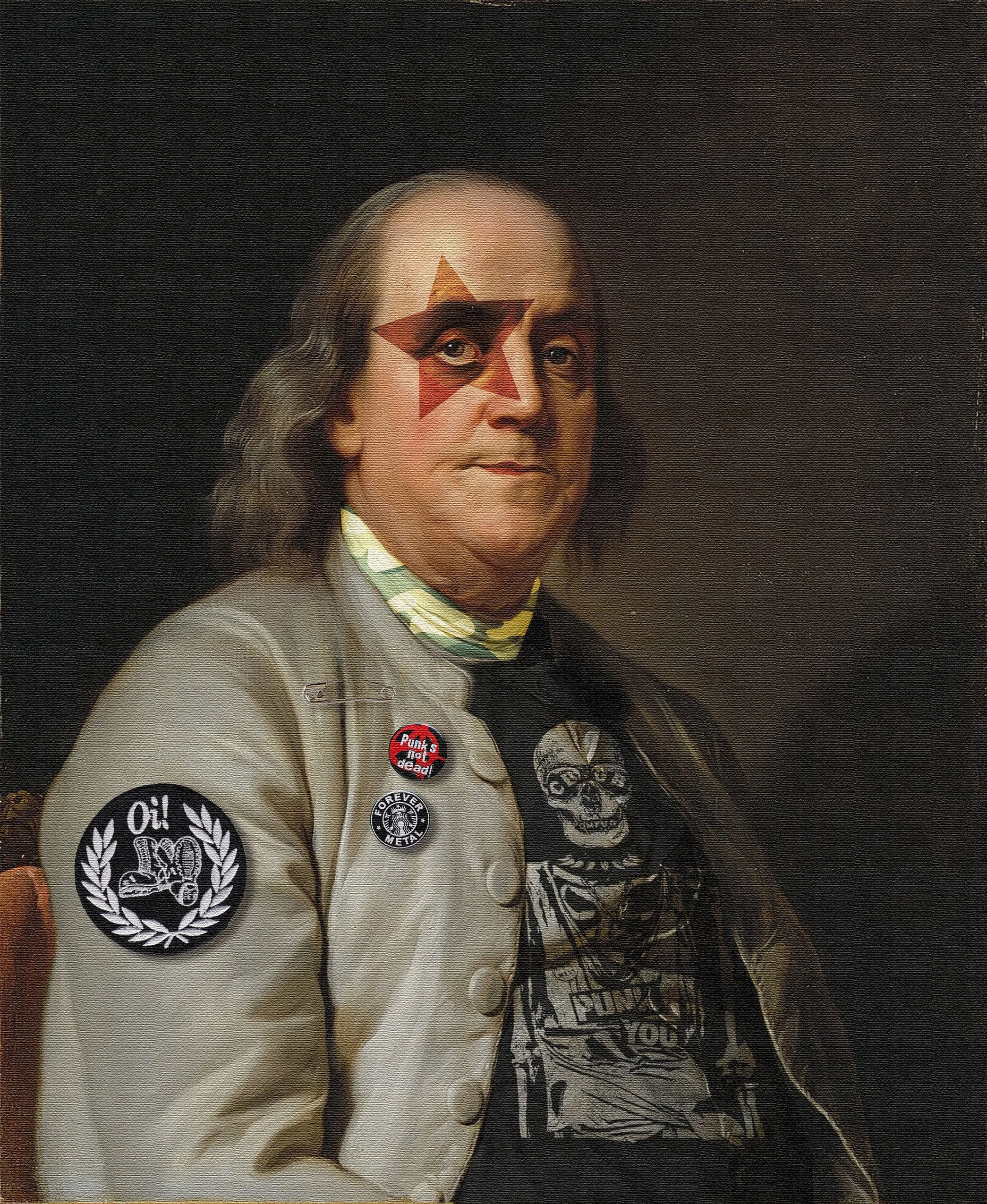 Portrait of a man with long hair, dressed in a beige jacket, decorated with various buttons and patches, including a red star face paint over his right eye, and a skull design on his left chest, set against a dark background.