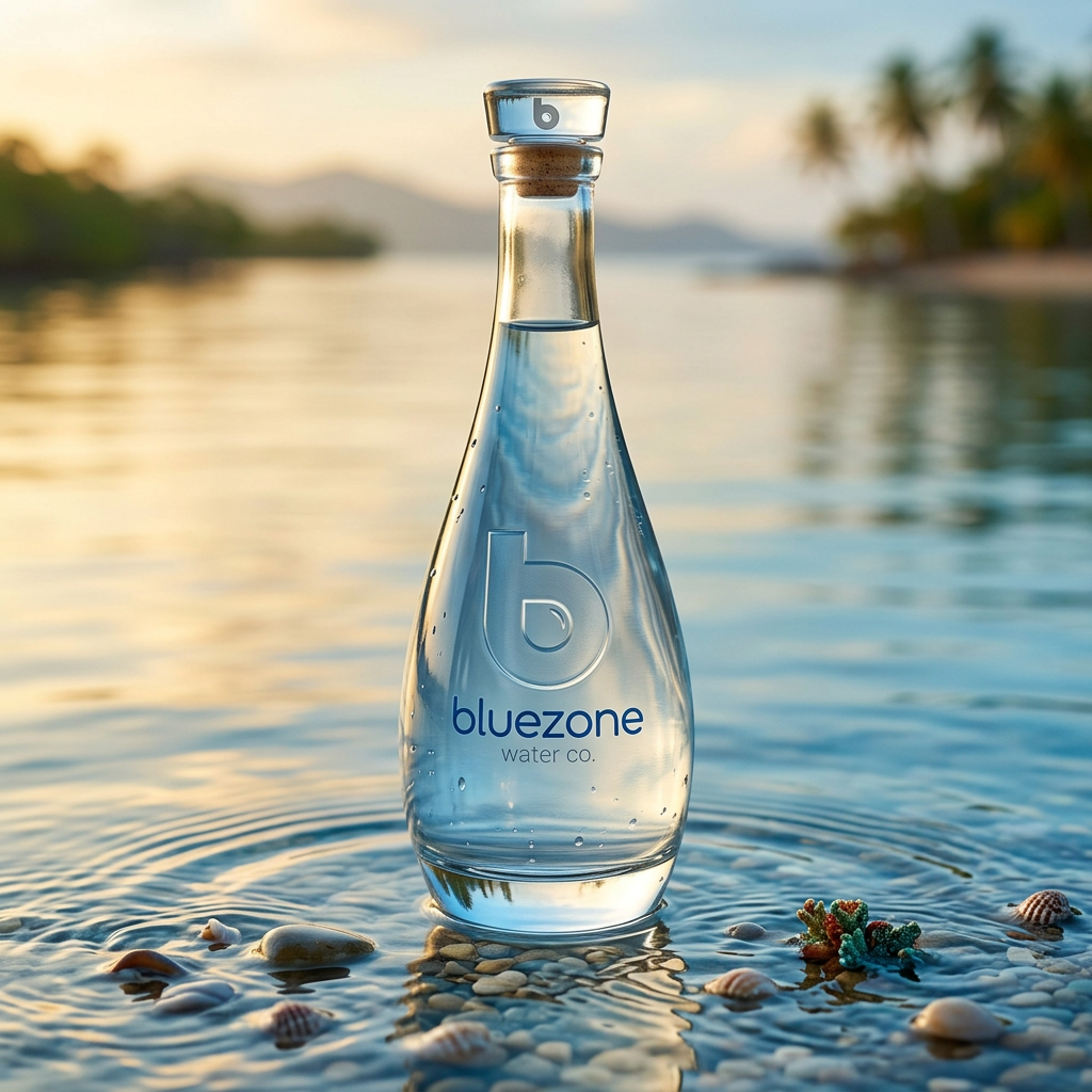 A clear glass bottle of Bluezone water on a pebble beach at sunset, with a calm body of water and palm trees in the background.